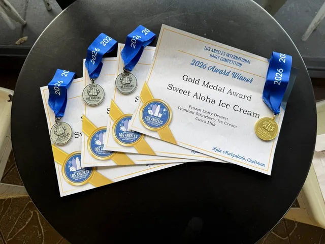 LA International Dairy Competition 2026 — Gold Medal for Premium Strawberry Ice Cream, Silver Medals for Chocolate, Kona Cafe con Leche w/ Oreos, and Vanilla — Sweet Aloha Ice Cream